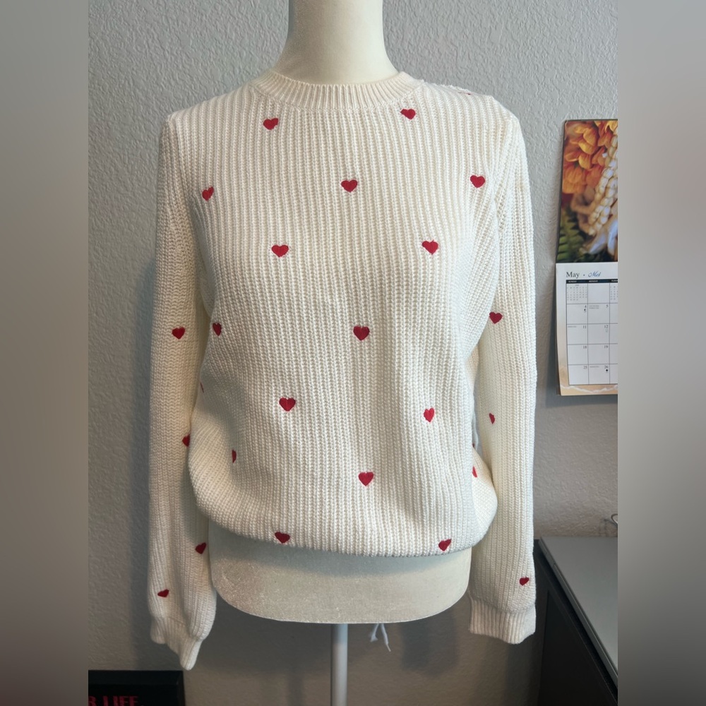 Lucky Brand White and Red Cowl Neck Sweater with Heart Accents